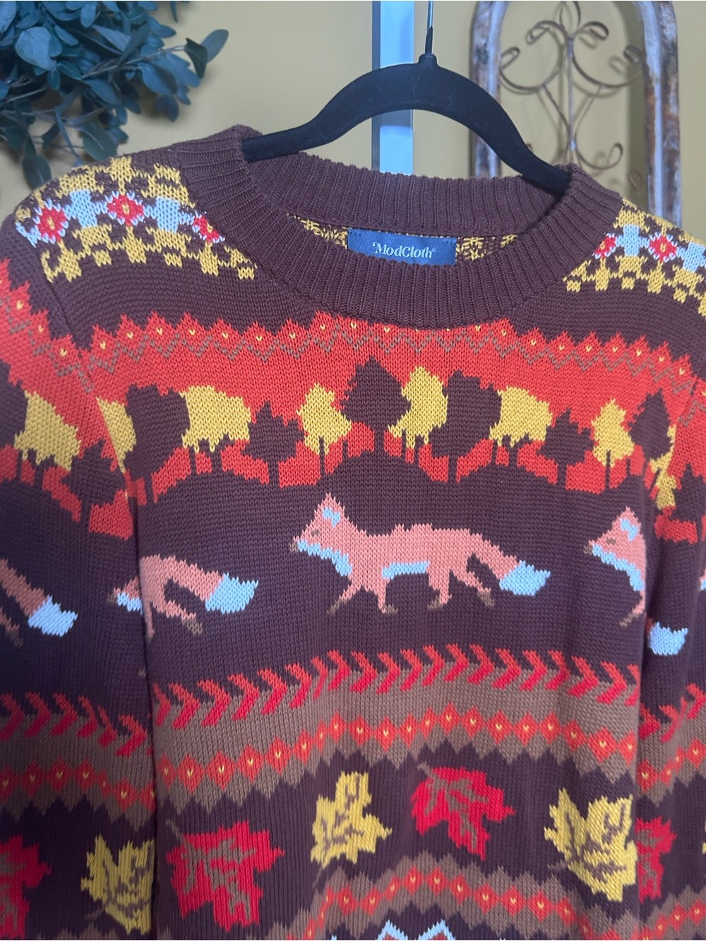 ModCloth Fox Fair Isle Sweater Womens M Brown Orange Autumn #C198 - Picture 5 of 11